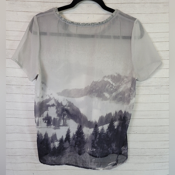 MAISON SCOTCH SHEER SHORT SLEEVE MOUNTAIN SCENE BLOUSE, SZ 6 - Picture 13 of 14